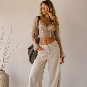 RNWY The Label Nude Polka Dot Bustier Crop Top Womens M Coquette Girly Blouse
